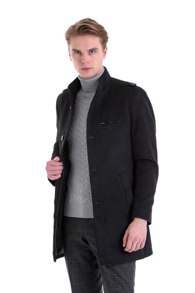 Antrasit Slim Fit Hakim Yaka Palto - HTML