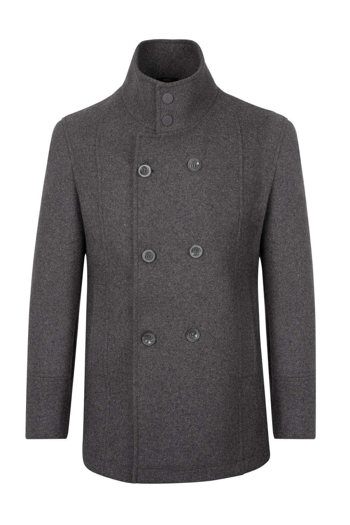 Antrasit Slim Fit Kruvaze Kaşe Kaban