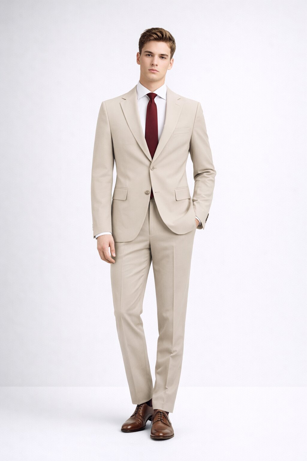 Bej Comfort Fit Mono Yaka Takım Elbise