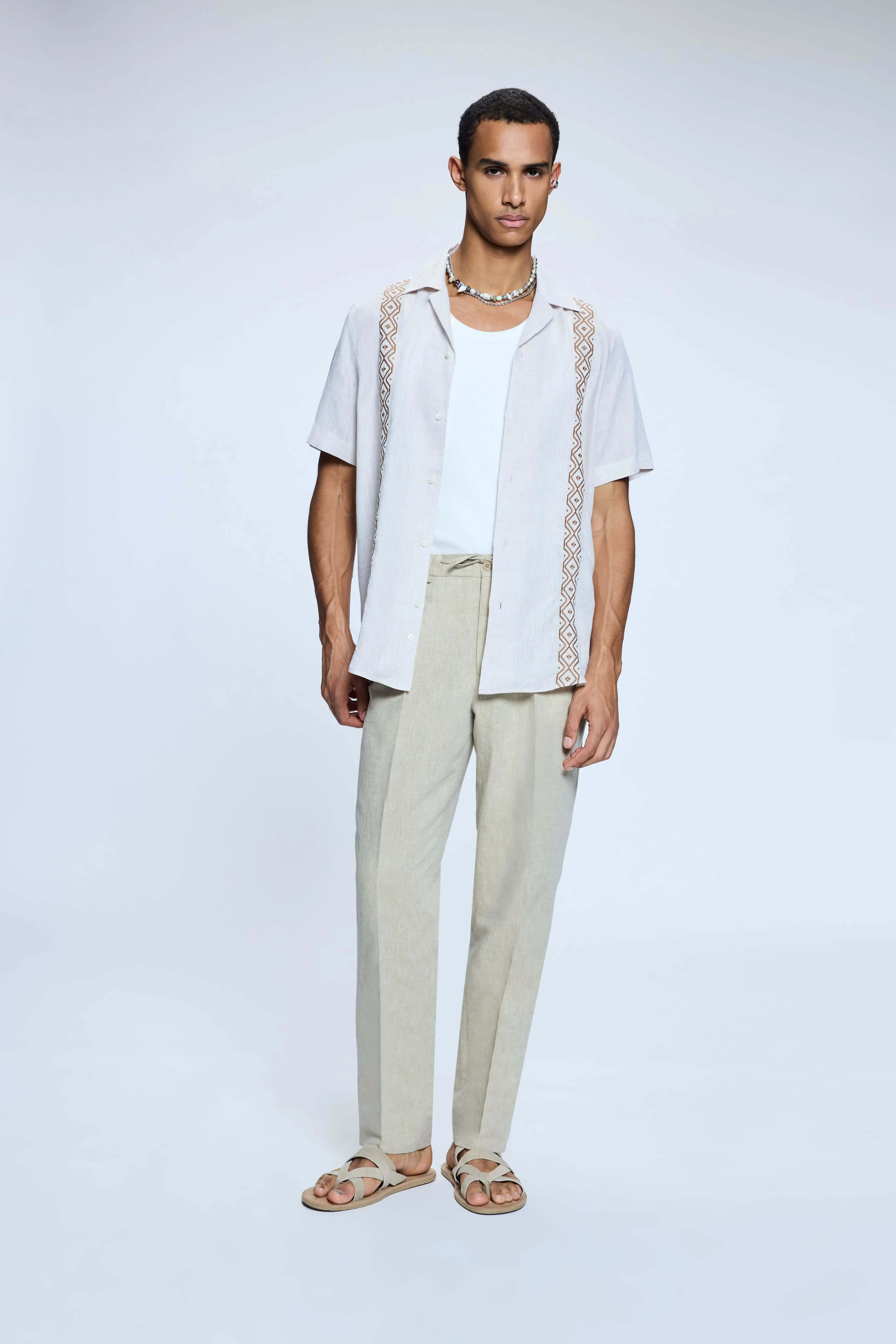 Bej Dinamik Fit Desenli Yandan Cepli Keten Jogger Pantolon