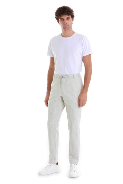 Bej Regular Fit Çizgili Yandan Cepli Keten Pantolon - Hatem Saykı