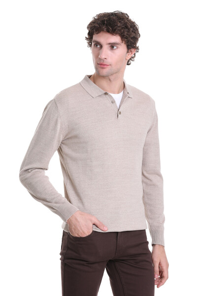 Bej Regular Fit Polo Yaka Triko Kazak - Hatemoğlu