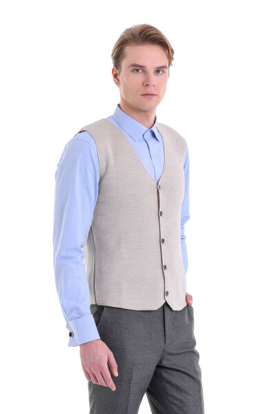 Bej Comfort Fit V Yaka Yünlü Klasik Triko Yelek - Hatemoğlu