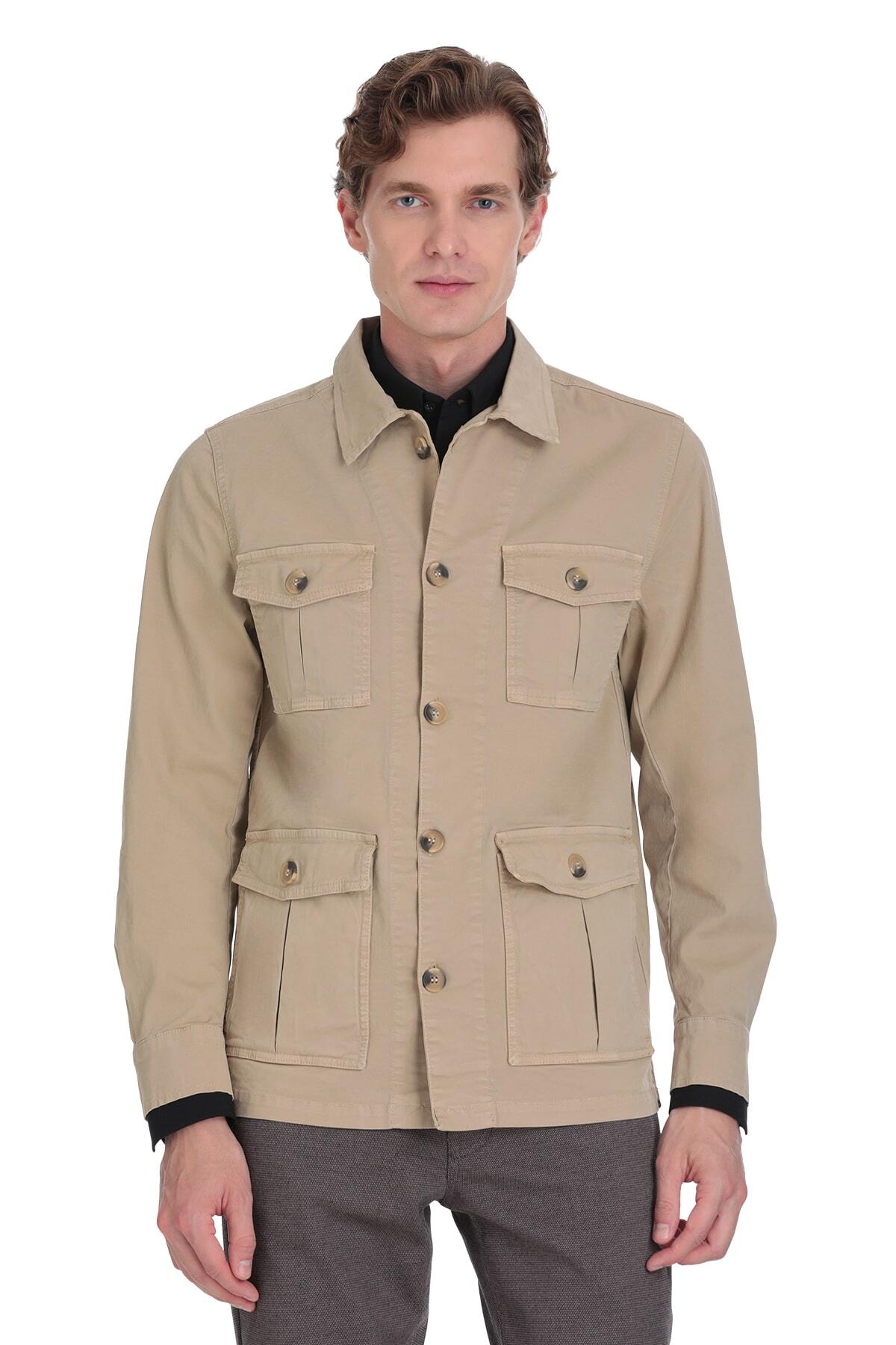 Bej Slim Fit Bebe Yaka Mevsimlik Mont