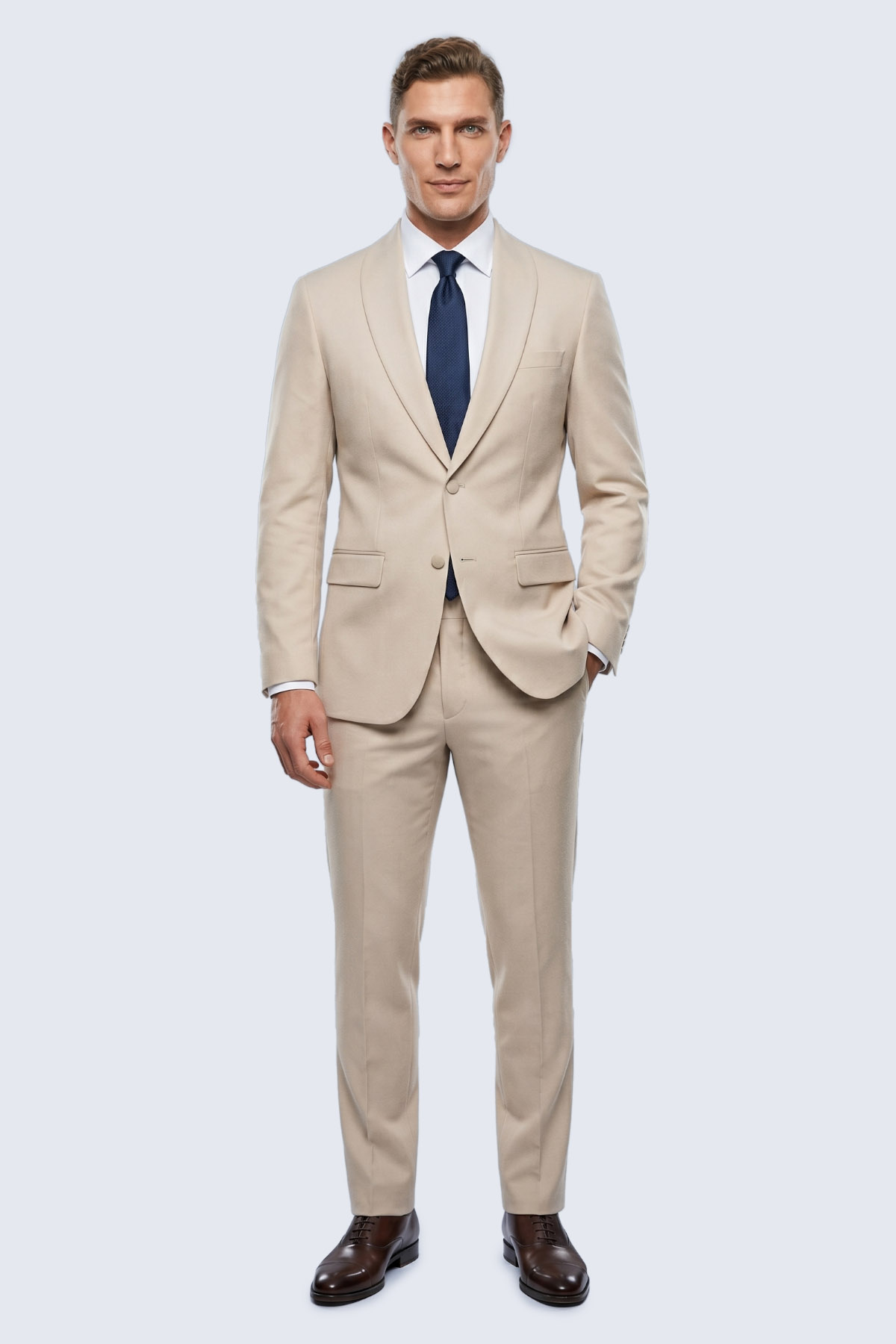 Bej Slim Fit Çıkma Şal Yaka Desenli Takım Elbise