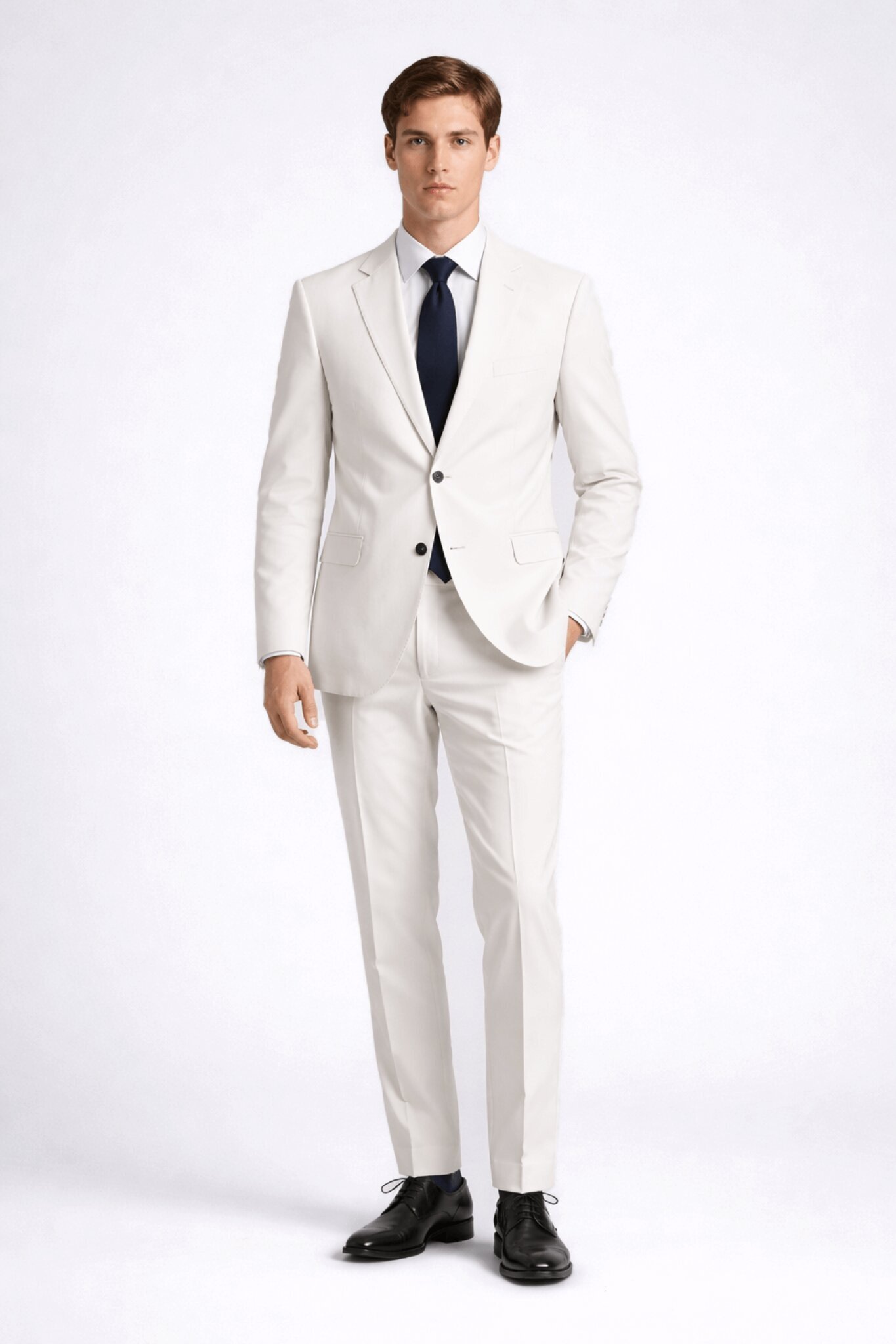 Bej Slim Fit Çizgili Mono Yaka Takım Elbise