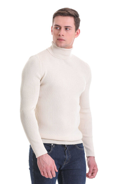 Bej Slim Fit Fitilli Balıkçı Yaka Yünlü Triko Kazak - Hatem Saykı