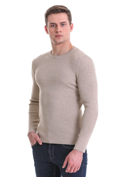 Bej Slim Fit Fitilli Bisiklet Yaka Yünlü Triko Kazak - Hatem Saykı