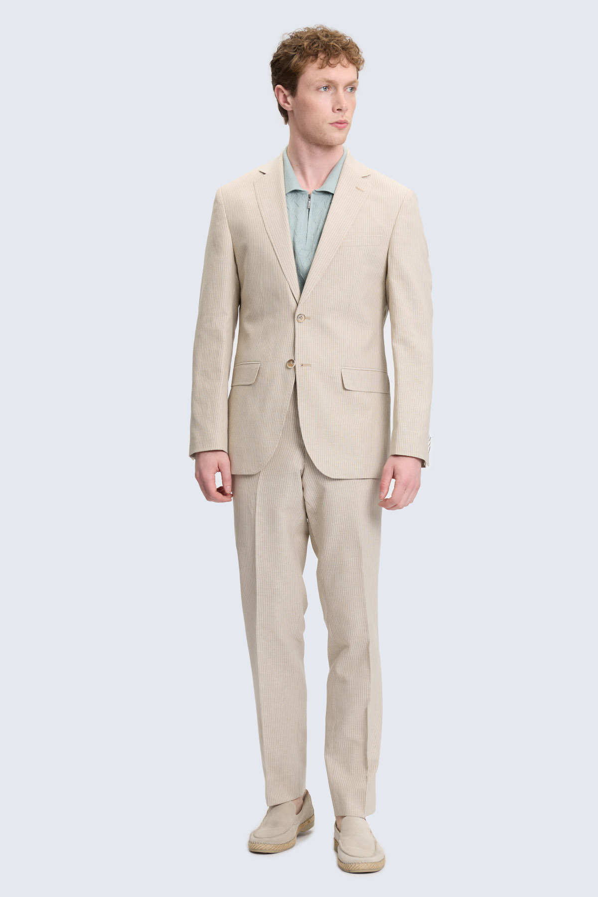 Bej Slim Fit Mono Yaka Keten Casual Takım Elbise