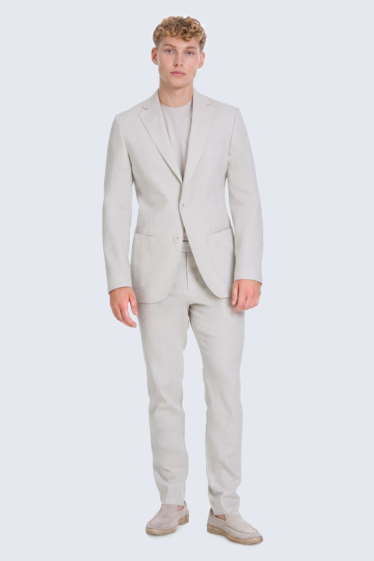 Bej Slim Fit Mono Yaka Keten Takım Elbise