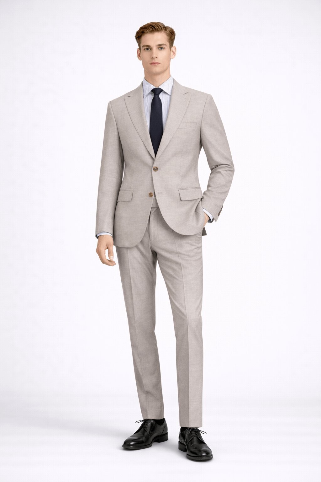 Bej Slim Fit Sivri Yaka Takım Elbise