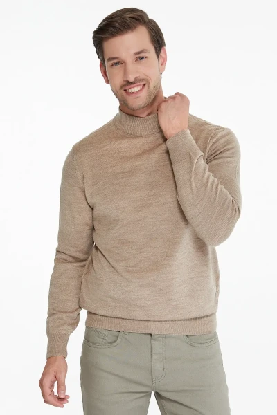 Bej Regular Fit Düz Yarım Balıkçı Yaka Triko Kazak - Hatemoğlu
