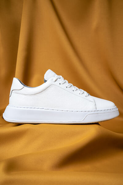 Beyaz Casual Bağcıklı Deri Sneakers - Hatemoğlu