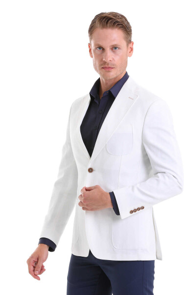 Beyaz Comfort Fit Mono Yaka Casual Keten Ceket