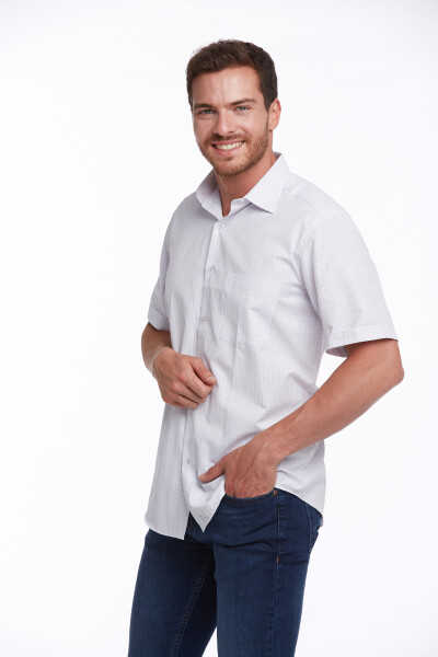 Lila Regular Fit Kareli Pamuklu Slim Yaka Kısa Kol Klasik Gömlek - Hatemoğlu