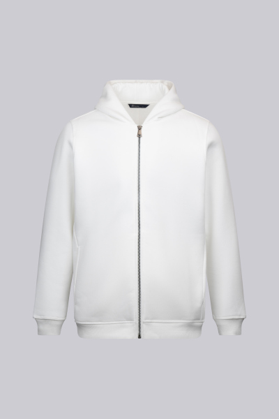 Beyaz Regular Fit Pamuklu Tam Fermuarlı Kapüşonlu Sweatshirt
