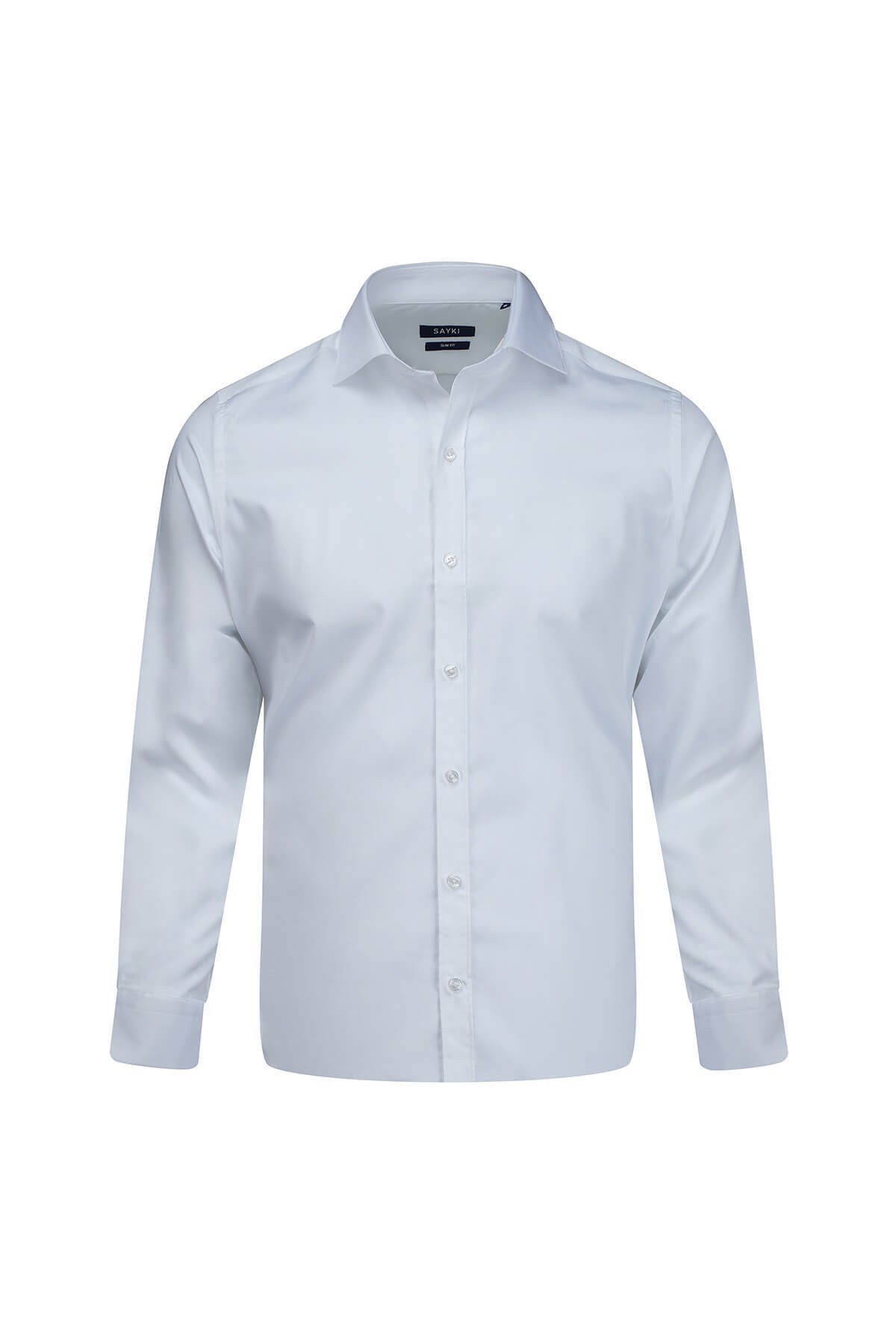 Beyaz Slim Fit Açık İtalyan Yaka Pamuklu Saten Uzun Kollu Gömlek