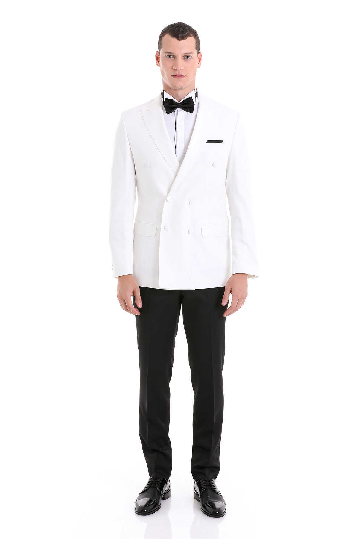 Beyaz Slim Fit Sivri Yaka Klasik Kruvaze Smokin Damatlık