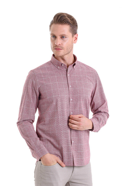 Bordo Comfort Fit Desenli Düğmeli Yaka Uzun Kollu Casual Flanel Gömlek - HTML