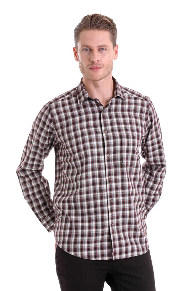 Bordo Klasik Fit Kareli Slim Yaka Uzun Kollu Casual Flanel Gömlek
