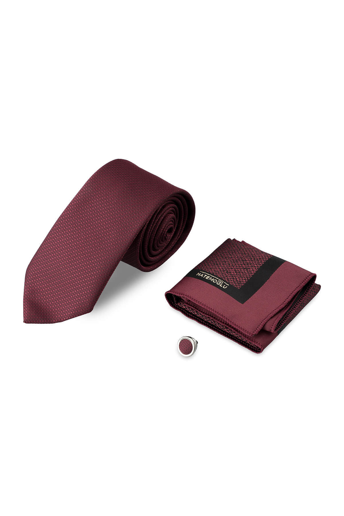 Bordo  Kravat Mendil ve Yaka Rozeti 3'lü Set