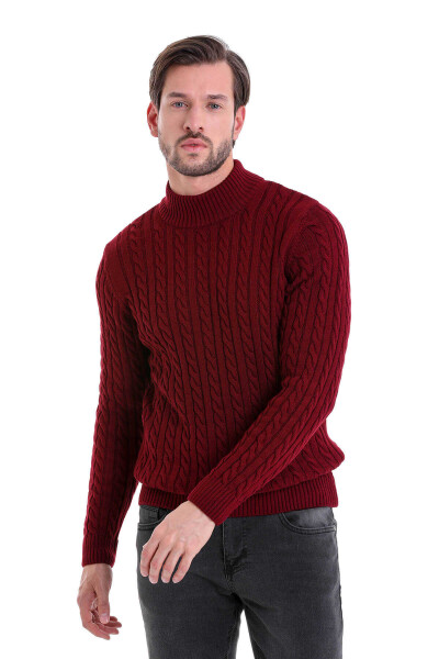 Bordo Comfort Fit Desenli Pamuklu Yarım Balıkçı Yaka Triko Kazak
