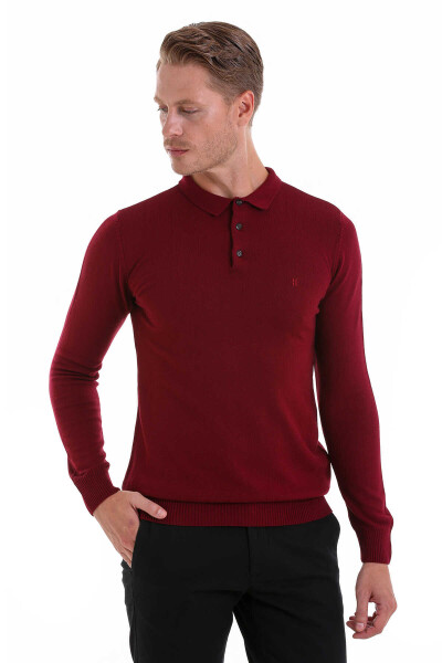 Bordo Regular Fit Düz Polo Yaka Triko Kazak - Hatemoğlu