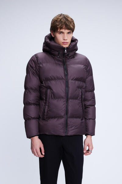 Bordo Regular Fit Hakim Yaka Kapüşonlu Şişme Mont - Hatemoğlu