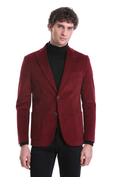 Bordo Slim Fit Düz Mono Yaka Pamuklu Kadife Ceket - HTML