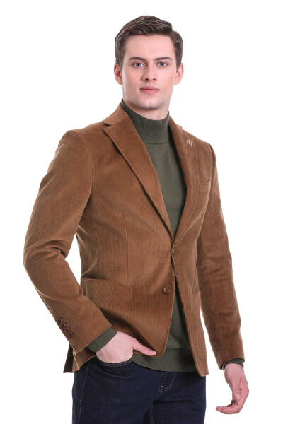 Camel Slim Fit Mono Yaka Pamuklu Kadife Ceket - HTML