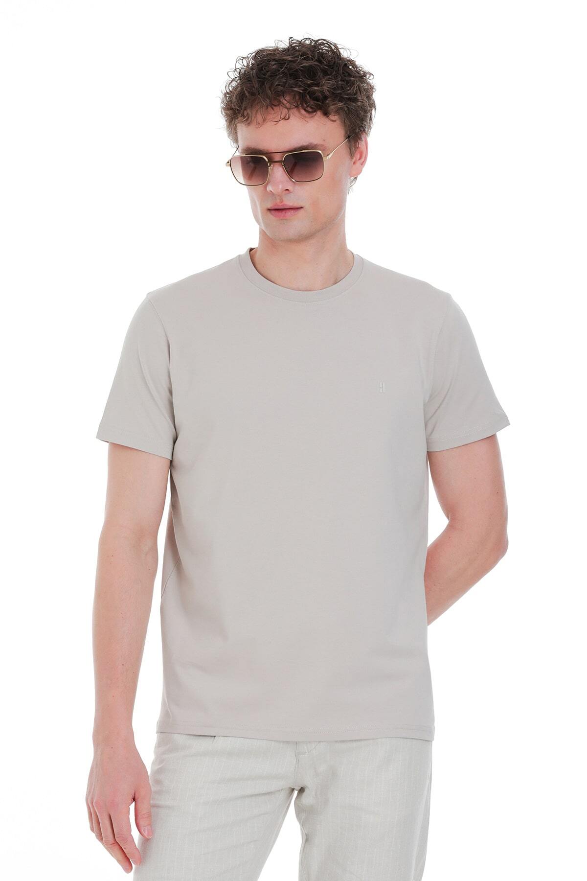 Ekru Regular Fit Bisiklet Yaka Pamuklu Tişört