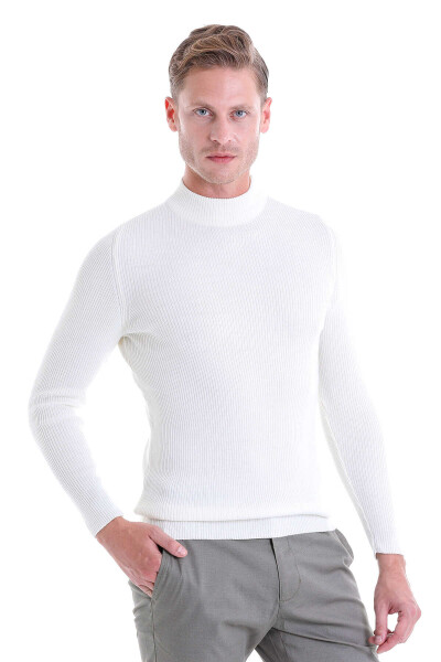 Ekru Slim Fit Fitilli Yarım Balıkçı Yaka Yünlü Kazak - Hatemoğlu