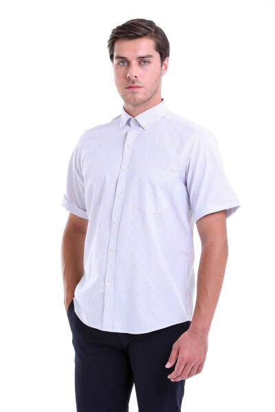 Gri Regular Fit Pamuklu Düğmeli Yaka Kısa Kol Klasik Gömlek - Hatemoğlu