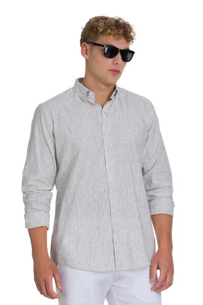 Gri Comfort Fit Çizgili Düğmeli Yaka Pamuk-Keten Uzun Kollu Gömlek - Saykı