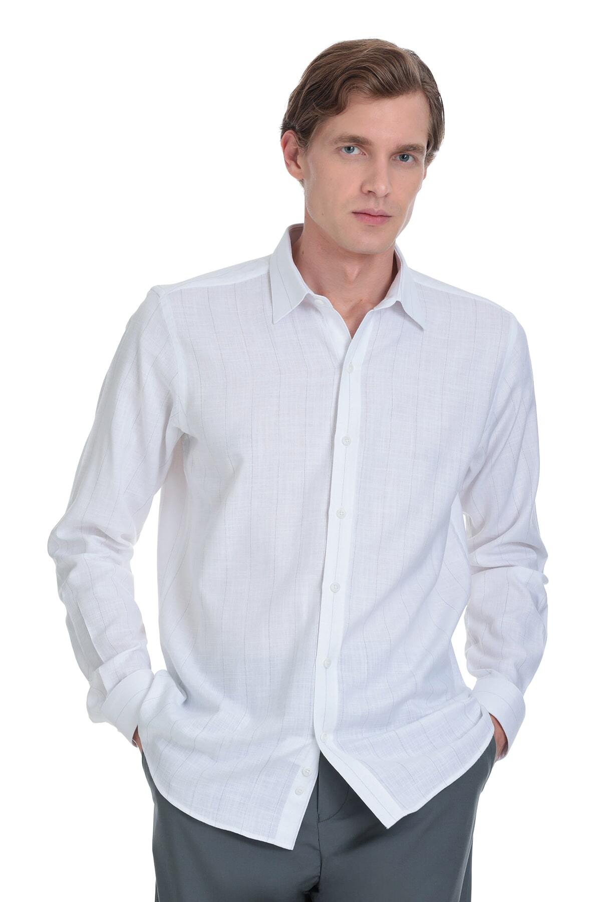 Gri Comfort Fit Çizgili Slim Yaka 100% Pamuk Uzun Kollu Spor Gömlek