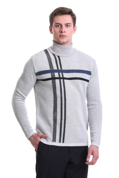 Gri Comfort Fit Desenli Balıkçı Yaka Yünlü Triko Kazak - Hatem Saykı
