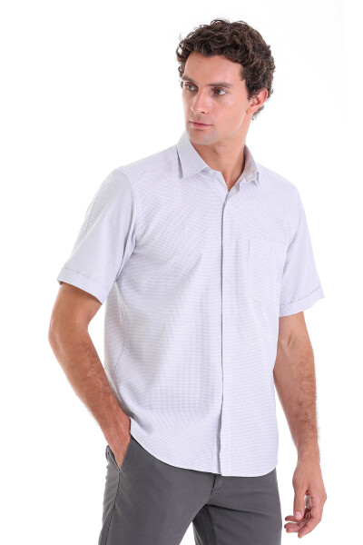 Gri Comfort Fit Kareli Pamuklu Slim Yaka Kısa Kol Klasik Gömlek - Hatemoğlu