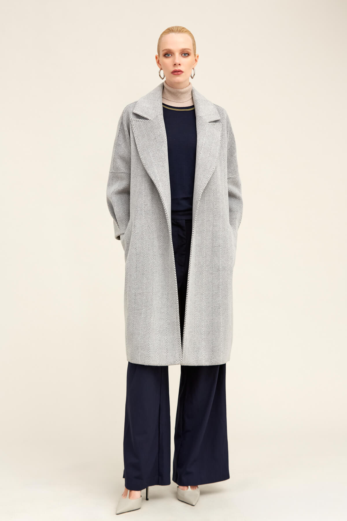 Gri Regular Fit Ceket Yaka Kaşe Yünlü Oversize Manto