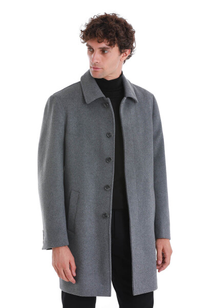 Gri Regular Fit Bebe Yaka Kürklü Kaşe Yünlü Palto - Hatem Saykı