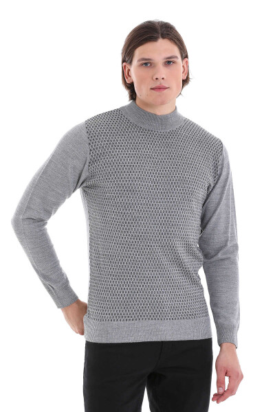 Gri Regular Fit Jakarlı Yarım Balıkçı Yaka Yünlü Triko Kazak - Hatemoğlu