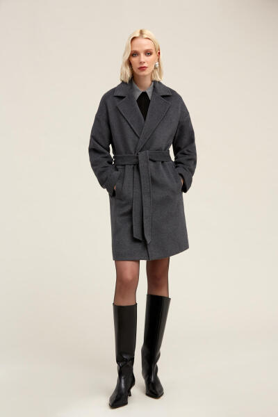 Saykı Woman Gri Regular Fit Mono Yaka Yünlü Manto - Hatemoğlu