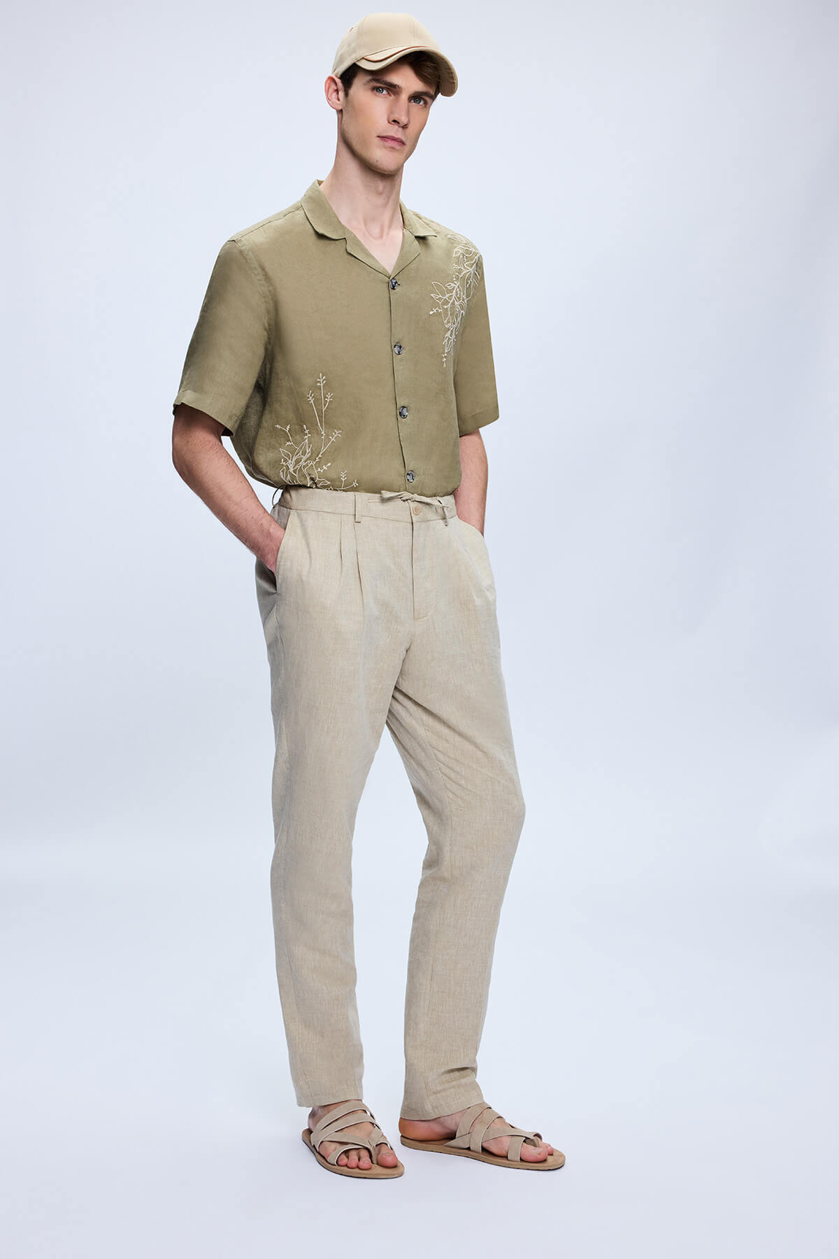 Gri Regular Fit Yandan Cep Keten Pantolon
