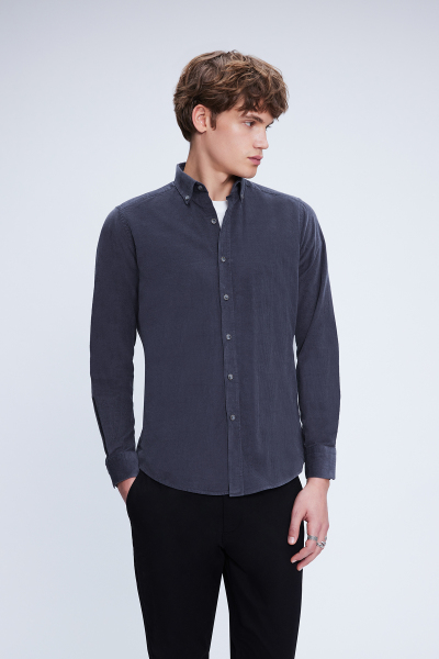 Gri Slim Fit 100% Pamuklu Düğmeli Yaka Uzun Kollu Klasik Gömlek