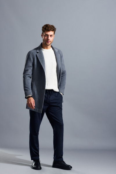 Gri Slim Fit Ceket Yaka Yünlü Kaşe Palto