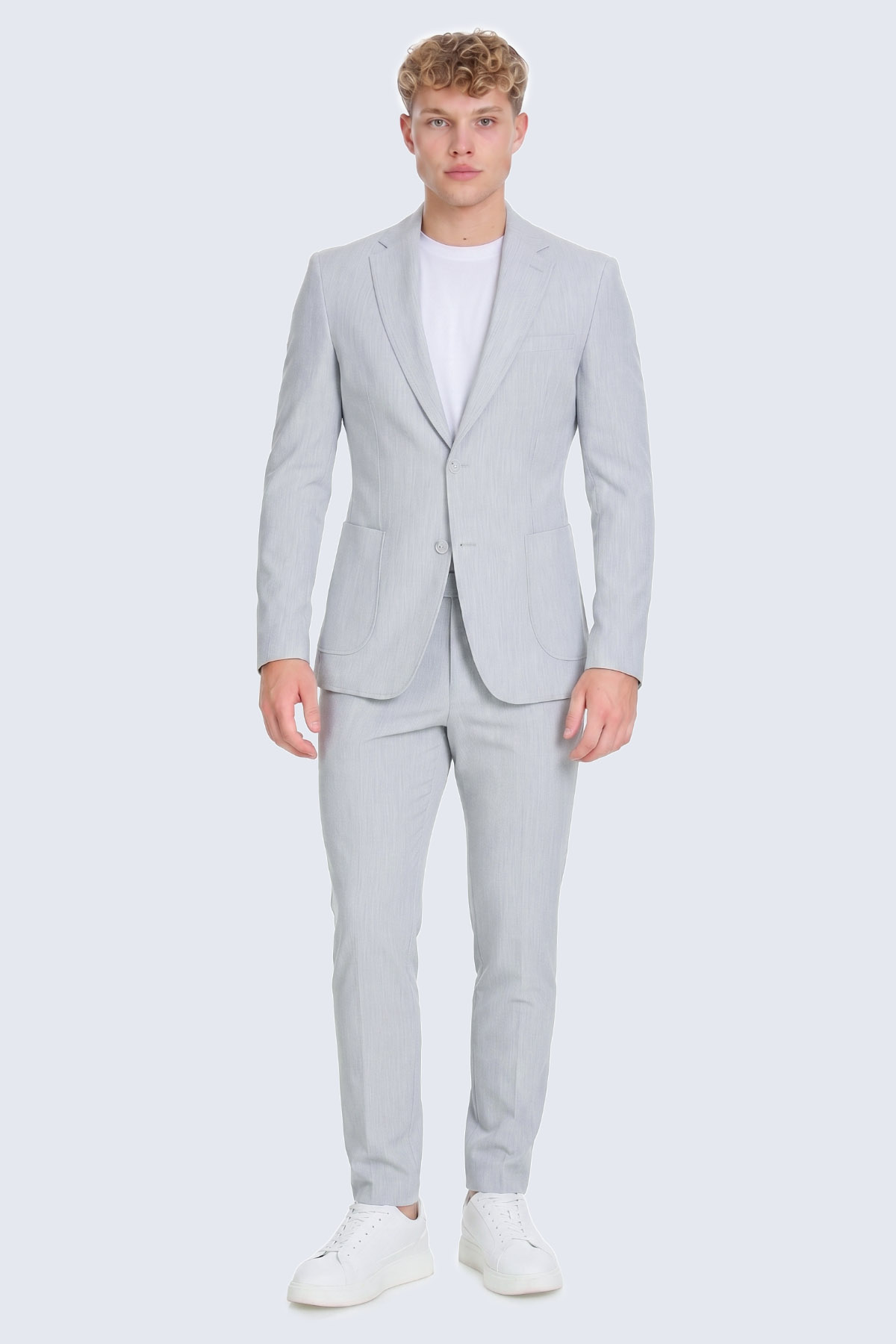 Gri Slim Fit Çizgili Mono Yaka Takım Elbise