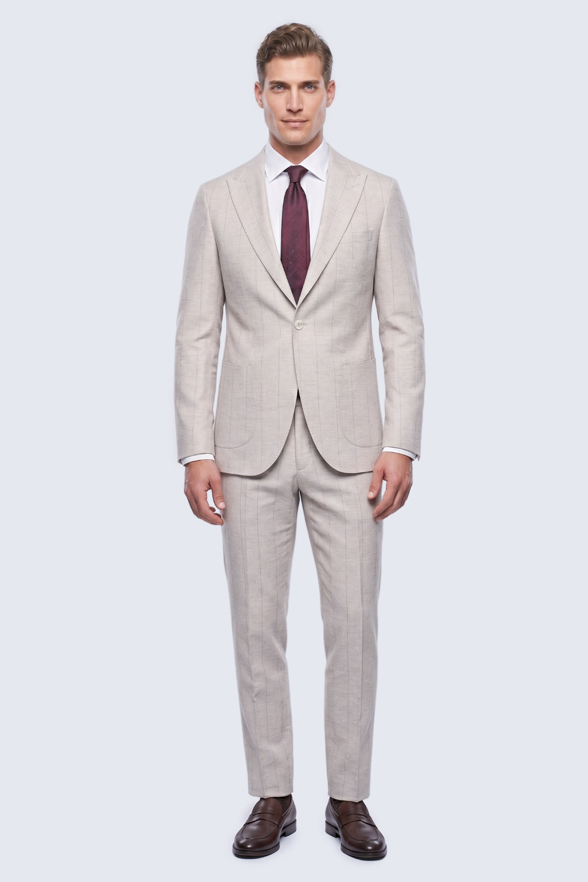 Gri Slim Fit Çizgili Sivri Yaka Keten Casual Takım Elbise