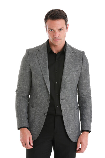 Gri Slim Fit Mono Yaka Klasik Ceket - Hatemoğlu
