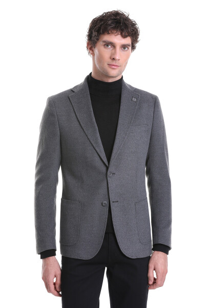 Gri Slim Fit Mono Yaka Casual Ceket - HTML
