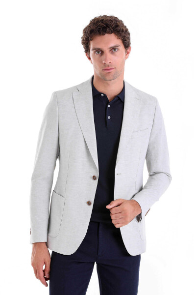 Gri Slim Fit Mono Yaka Casual Keten Ceket