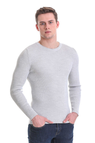 Gri Slim Fit Fitilli Bisiklet Yaka Yünlü Triko Kazak - Hatem Saykı